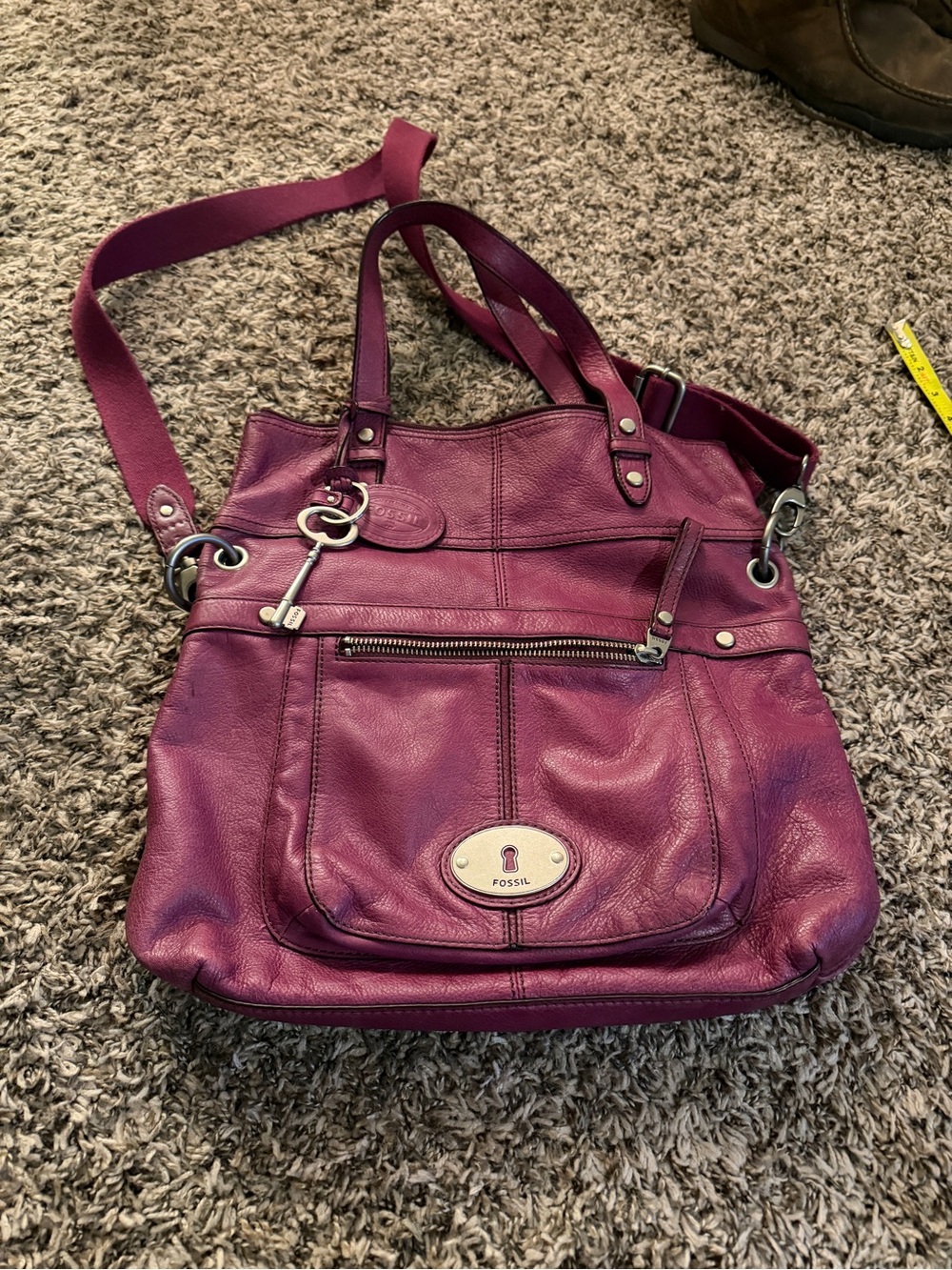 Fossil Magenta Leather Shoulder Tote with Key Charm